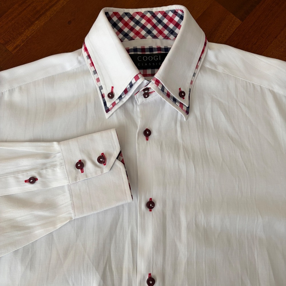 COOGI Classic Button Up Shirt White Long Sleeve L 16 Red Blue Plaid Flip Cuffs